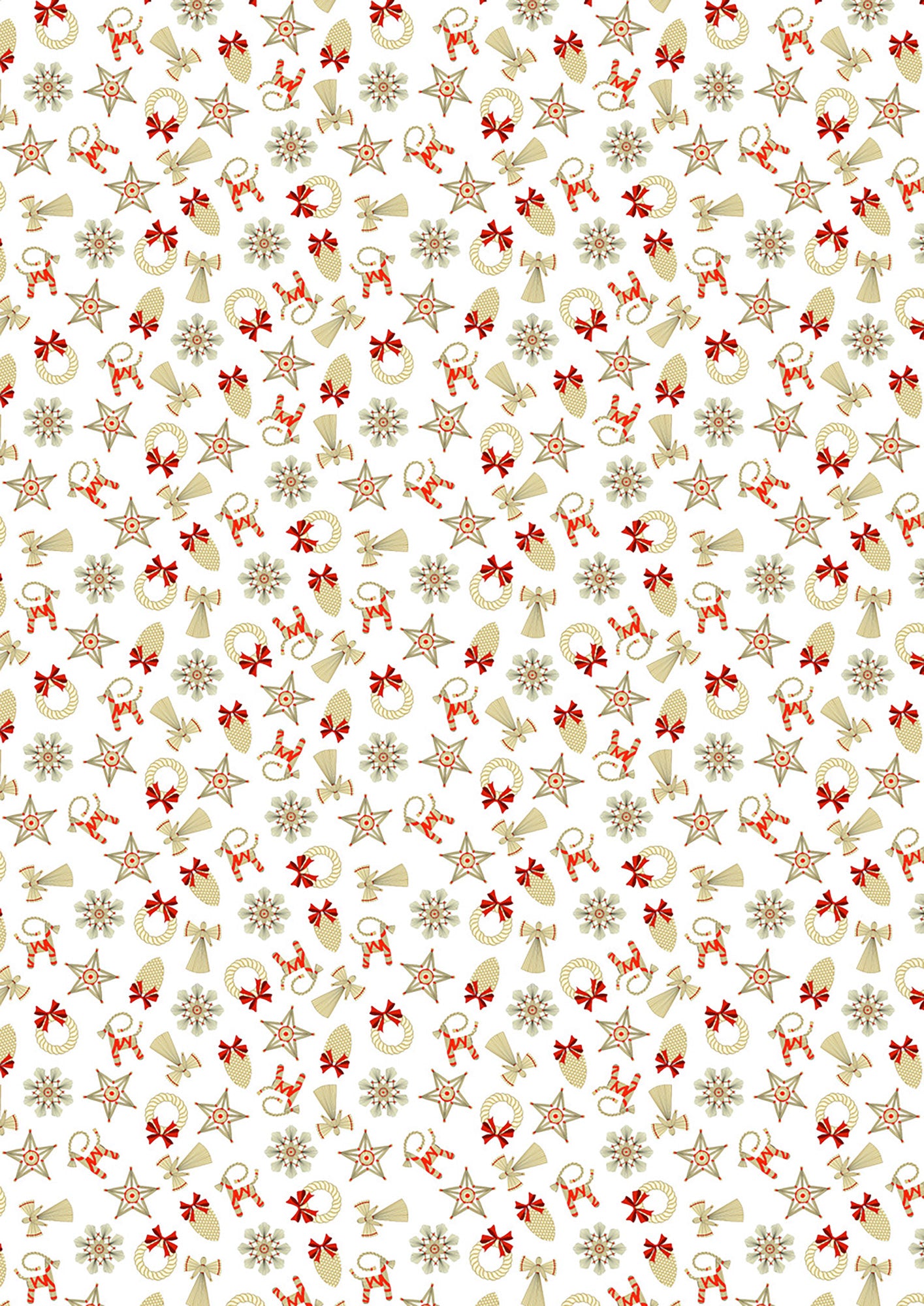 Pattern of Christmas-themed decorations including stars, bows, and snowflakes on a white background.