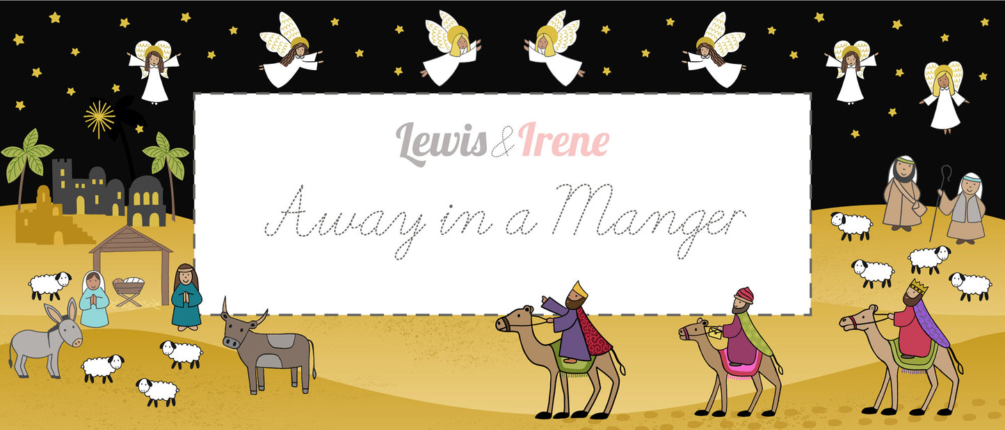 Illustration of a nativity scene with three wise men and sheep, featuring the text 'Lewis & Irene Away in a Manger'.