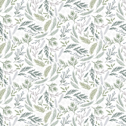 Pattern of green leaves and branches on a white background