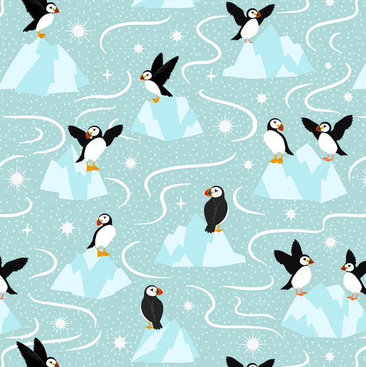 Pattern of penguins on icebergs and blue background