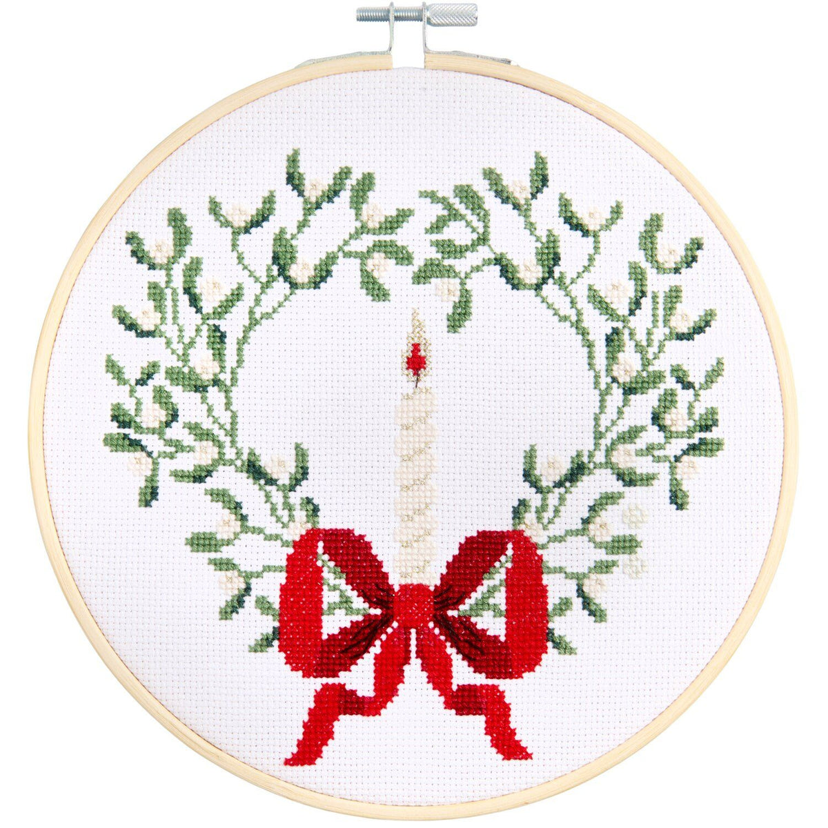 Embroidery kit: pre-drawn mistletoe wreath with a candle green (Copy)