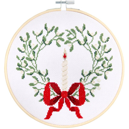 Embroidery kit: pre-drawn mistletoe wreath with a candle green (Copy)