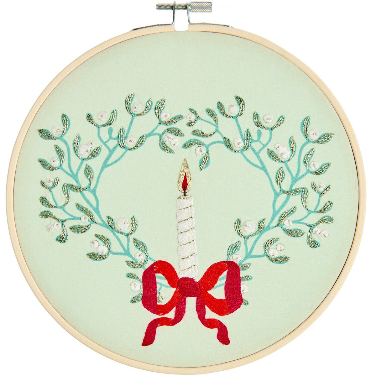 Embroidery kit: pre-drawn mistletoe wreath with a candle green