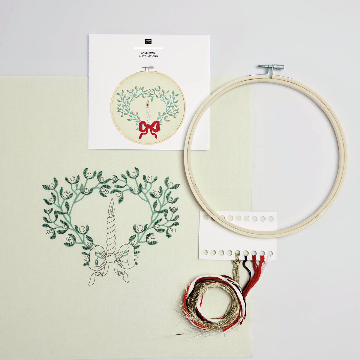 Embroidery kit: pre-drawn mistletoe wreath with a candle green