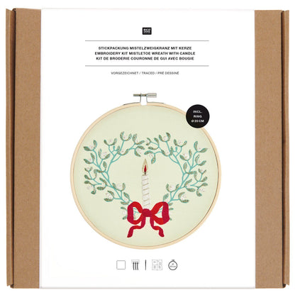 Embroidery kit: pre-drawn mistletoe wreath with a candle green