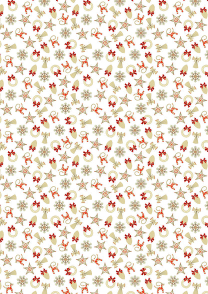 Pattern of Christmas-themed decorations including stars, bows, and snowflakes on a white background.