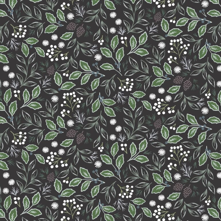 Pattern of green leaves and white flowers on a black background