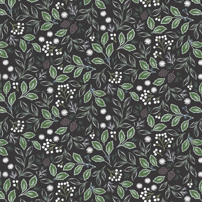 Pattern of green leaves and white flowers on a black background