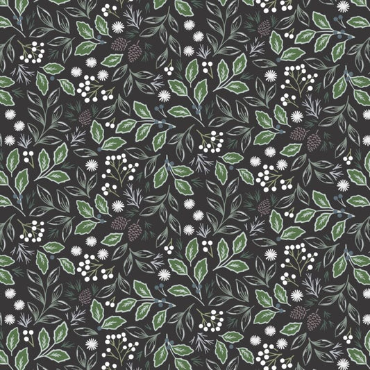 Pattern of green leaves and white flowers on a black background