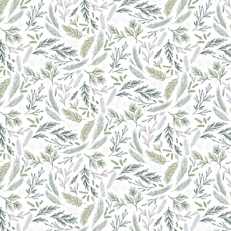 Pattern of green leaves and branches on a white background