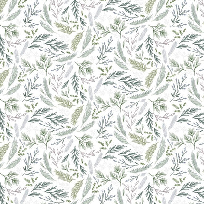 Pattern of green leaves and branches on a white background