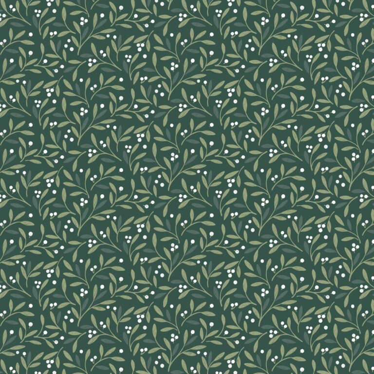 Green patterned fabric with leaves and berries on a green background