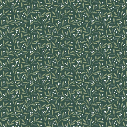 Green patterned fabric with leaves and berries on a green background