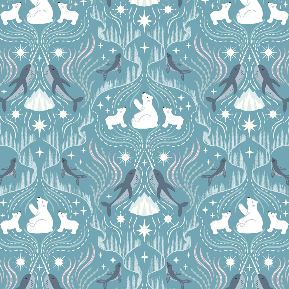 Frosty pattern with polar bears, icebergs, and whales on a blue background