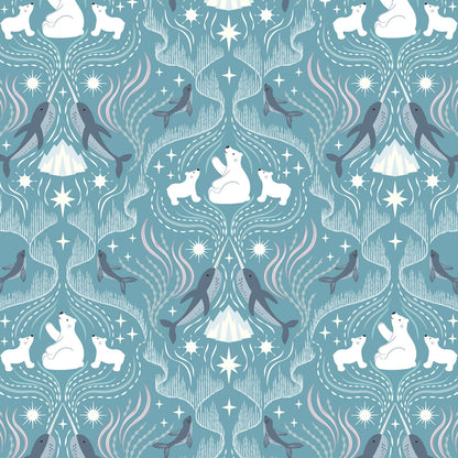 Frosty pattern with polar bears, icebergs, and whales on a blue background