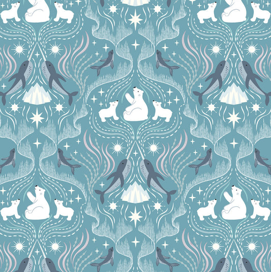 Frosty pattern with polar bears, icebergs, and whales on a blue background