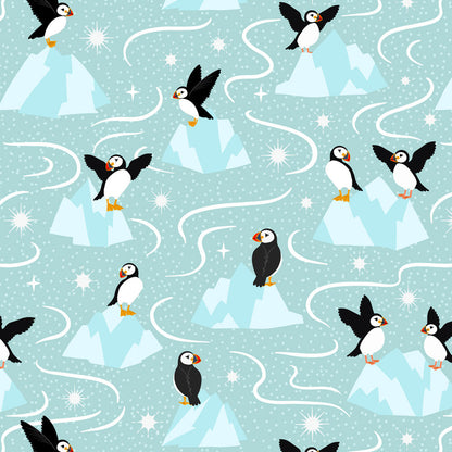 Pattern of penguins on icebergs and blue background