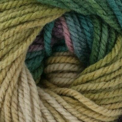 Close-up of a skein of green and purple yarn.