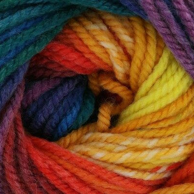 Multicolored skein of yarn with a gradient from blue to red.